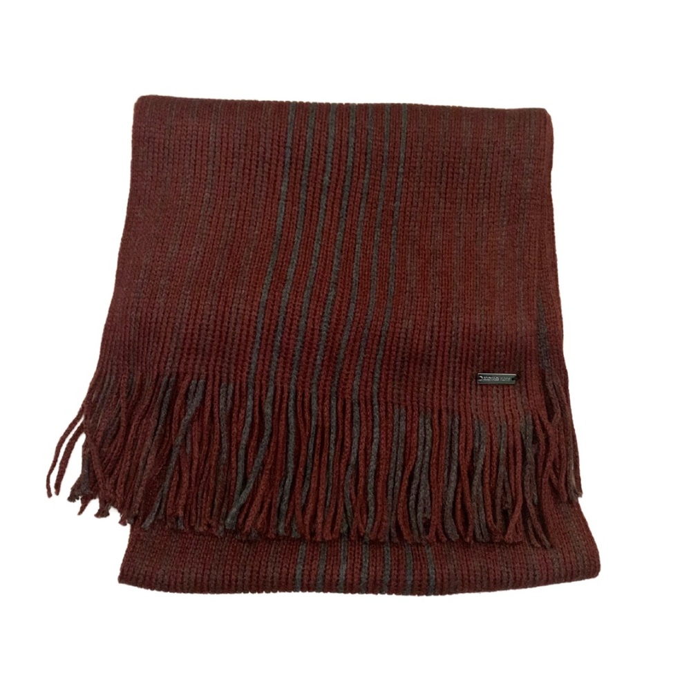 2/$30 Michael Kors Knit Fringed Stripes Scarf Gray Wine Classic Preppy Grandpa